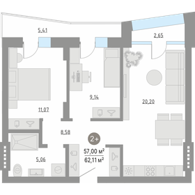 Квартира 62,1 м², 2-комнатная - изображение 1