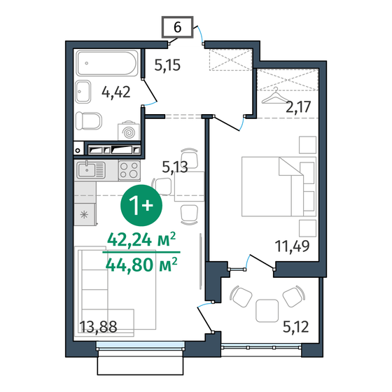 42,9 м², 1-комнатная квартира 7 736 000 ₽ - изображение 28