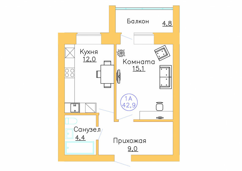 42,9 м², 1-комнатная квартира 6 500 000 ₽ - изображение 36
